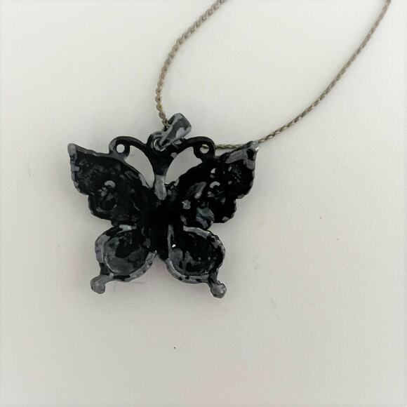 Black Beaded Butterfly Pendant Necklace with Silver Tone Chain - Picture 5 of 6